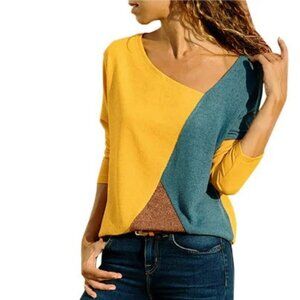 Vintage Geometric Colour Block Slub Top, 80s Style, M